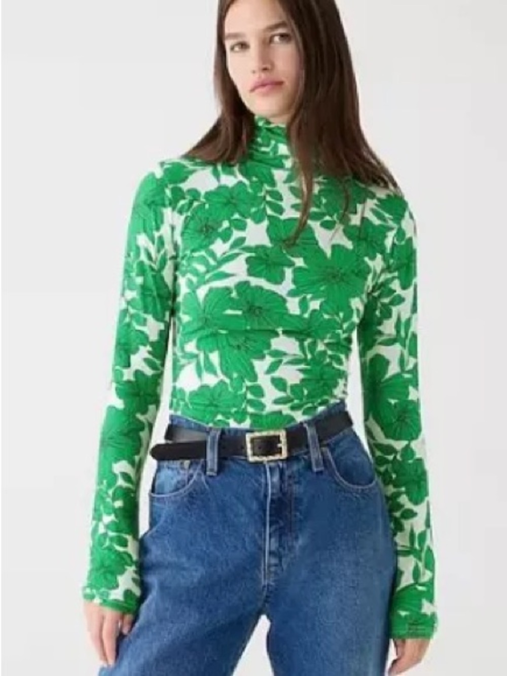 J. Crew Green and White Floral Mock Neck Long-Sleeve Top